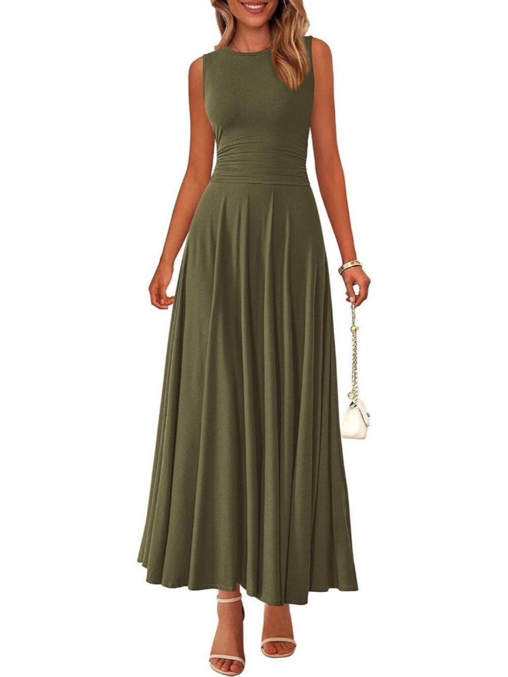 Women's Army Green Crewneck High Waisted Sleeveless 2026 Aline Maxi Dresses